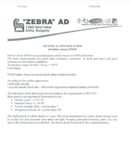 1 mm - EPDM 60 Z - Guma bez wkładki, odporna na działanie chemikaliów i starzenie, szerokość 1200 mm (-10°/+120°C) 7 MPa 1 mm - EPDM 60 Z - Guma bez wkładki, odporna na działanie chemikaliów i starzenie, szerokość 1200 mm (-10°/+120°C) 7 MPa