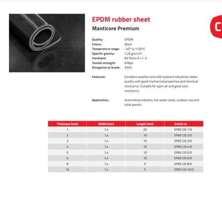 3 mm - EPDM MANTICORE 100% - Guma bez wkładki, odporna na warunki atmosferyczne i chemikalia (-40°/+130°C) 8 MPa 3 mm - EPDM MANTICORE 100% - Guma bez wkładki, odporna na warunki atmosferyczne i chemikalia (-40°/+130°C) 8 MPa