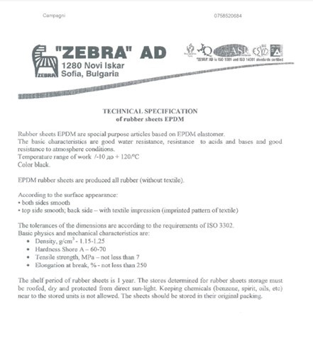 4 mm - EPDM 60 Z - Guma bez wkładki, odporna na działanie chemikaliów i starzenie, szerokość 1200 mm (-10°/+120°C) 7 MPa 4 mm - EPDM 60 Z - Guma bez wkładki, odporna na działanie chemikaliów i starzenie, szerokość 1200 mm (-10°/+120°C) 7 MPa