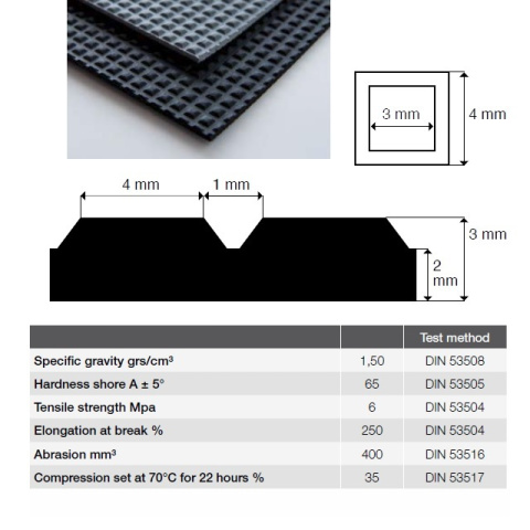 3 mm - Wykładzina gumowa ryflowana SBR 65°Sh, szerokość 1200 mm -30°/+70°C - piramida