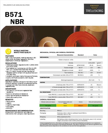 10 mm - NBR B571 (65°ShA) - FDA biała, odporna na olej, guma 65°Sh szerokość 1400 mm (-35/+110°C) 10 mm - NBR B571 (65°ShA) - FDA biała, odporna na olej, guma 65°Sh szerokość 1400 mm (-35/+110°C)