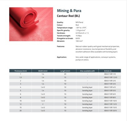 10 mm - PARAGUMA AG 9 CENTAUR RED - Guma odporna na ścieranie, paraguma 45°Sh szerokość 1400 mm, czerwona (-30°/+70°C) 10 mm - PARAGUMA AG 9 CENTAUR RED - Guma odporna na ścieranie, paraguma 45°Sh szerokość 1400 mm, czerwona (-30°/+70°C)